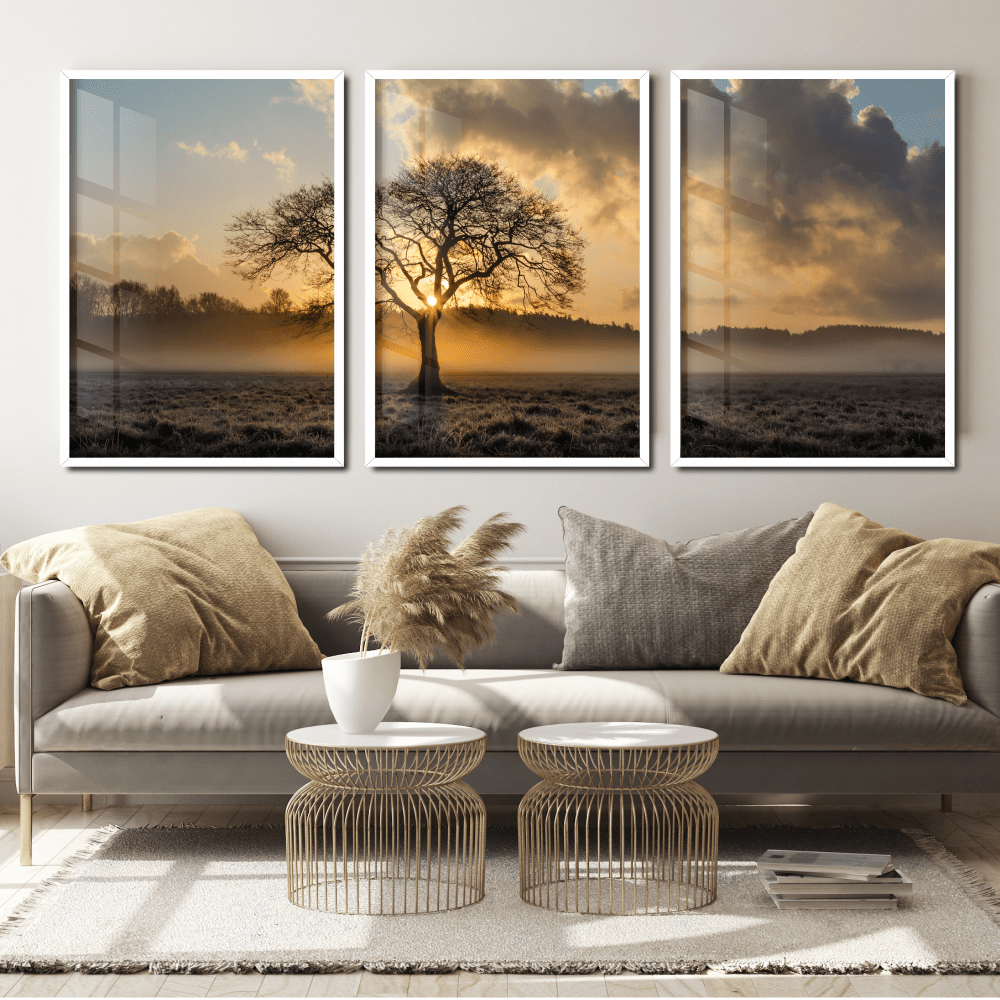 Quadros decorativos paisagem árvore por do sol