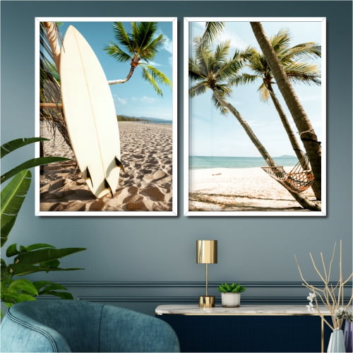 Quadro decorativos prancha de surf e coqueiros