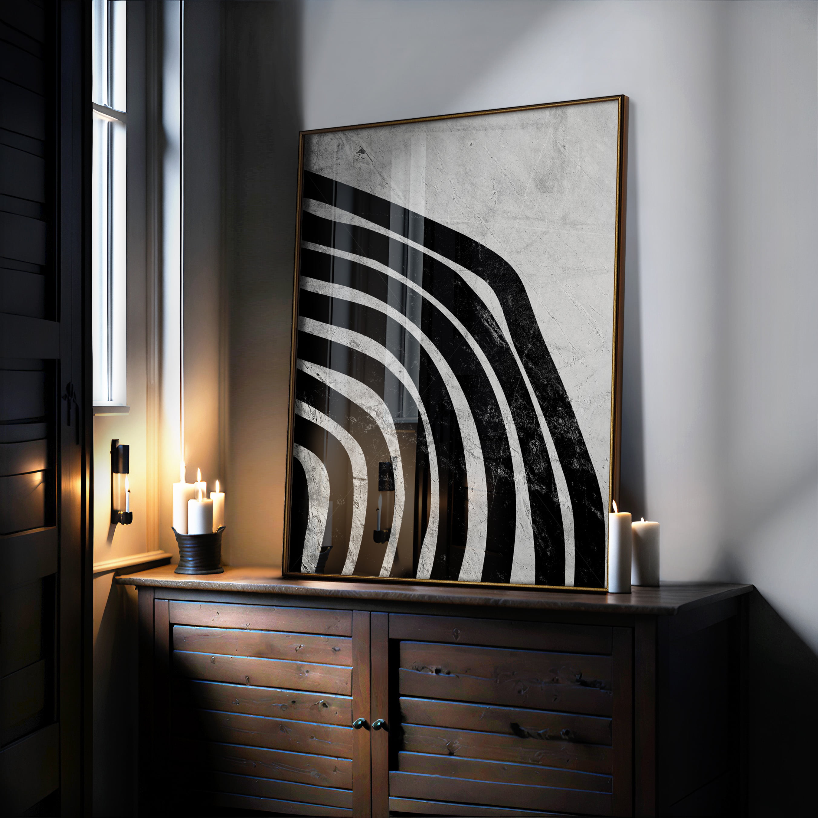 Quadro Decorativo Abstrato Minimalista Moderno  Arcos Cinza e Preto 