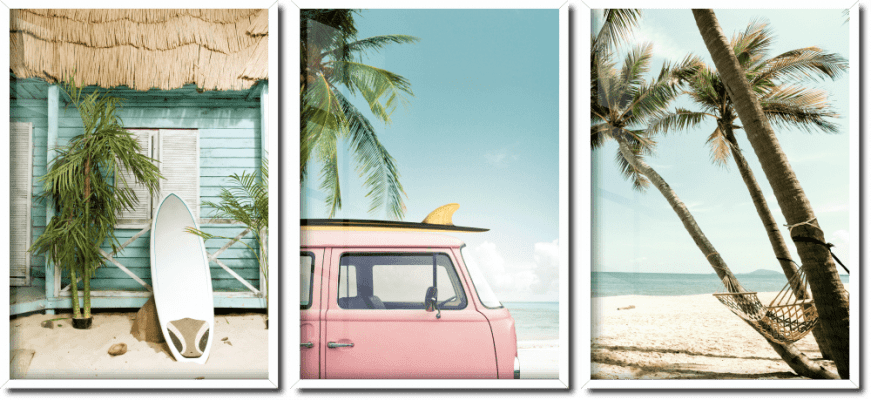 Quadros decorativos paisagem praia vintage kombi rosa