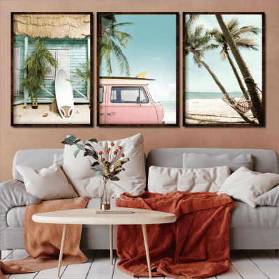 Quadros decorativos paisagem praia vintage kombi rosa