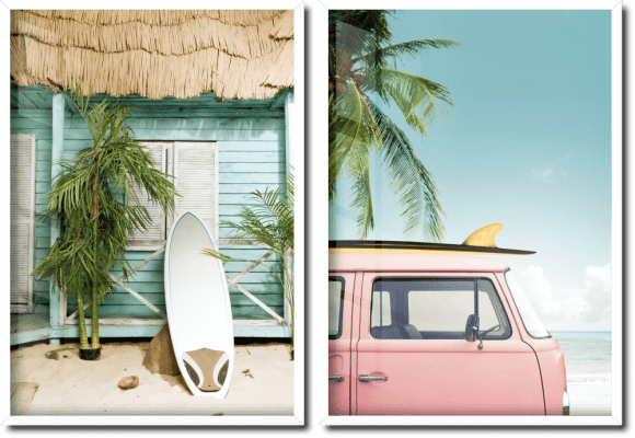 Quadros decorativos paisagem praia vintage rosa