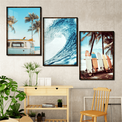Quadros decorativos paisagem praia vintage azul