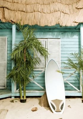 Quadros decorativos paisagem surf cabana azul