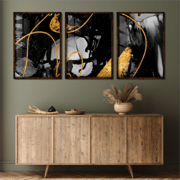 Quadros decorativos abstrato preto e dourado