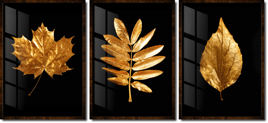Quadros decorativos folhas douradas