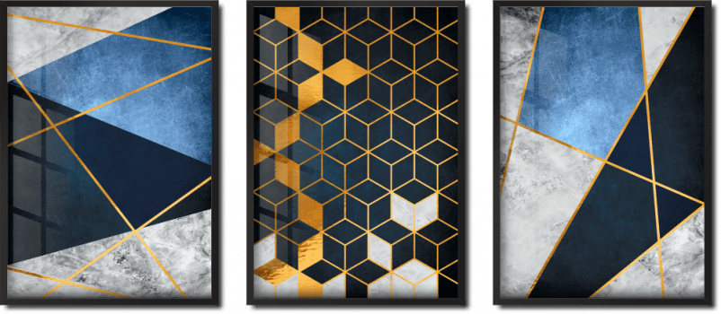 Quadro decorativo geométrico azul, preto e dourado kit 3