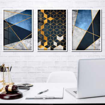 Quadro decorativo geométrico azul, preto e dourado kit 3