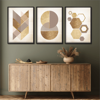Quadros decorativos geométricos bege e dourado