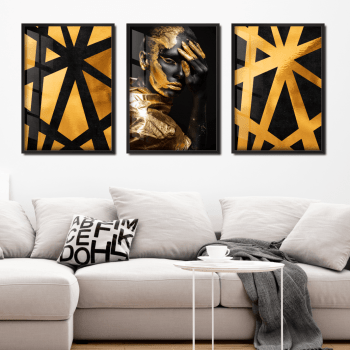 Quadros decorativos geométricos dourado e preto kit 3