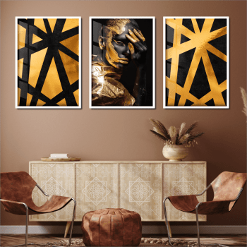 Quadros decorativos geométricos dourado e preto kit 3