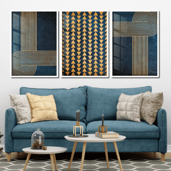 Quadro decorativo geométrico azul e dourado