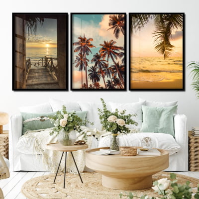 Quadros decorativos paisagem praia e coqueiro