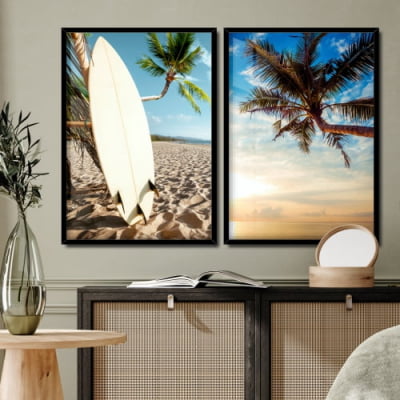 Quadro decorativos prancha de surf e coqueiro