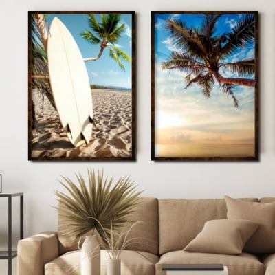 Quadro decorativos prancha de surf e coqueiro