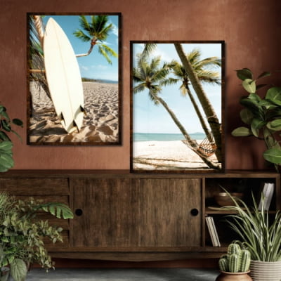 Quadro decorativos prancha de surf e coqueiros