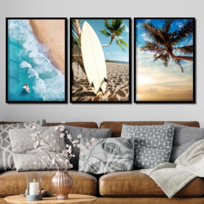 Quadros decorativos praia e prancha de surf