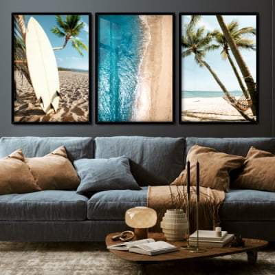 Quadros decorativos praia e prancha de surf coqueiro