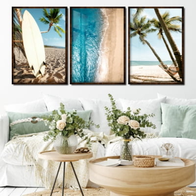 Quadros decorativos praia e prancha de surf coqueiro